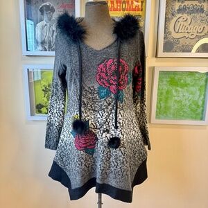 Y2K Longline tunic with feather hood and asymmetrical hem